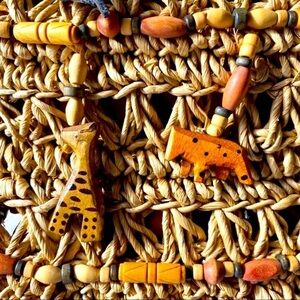 St. John's Bay Beaded Straw Shoulder/Tote Wooden Animal Beads